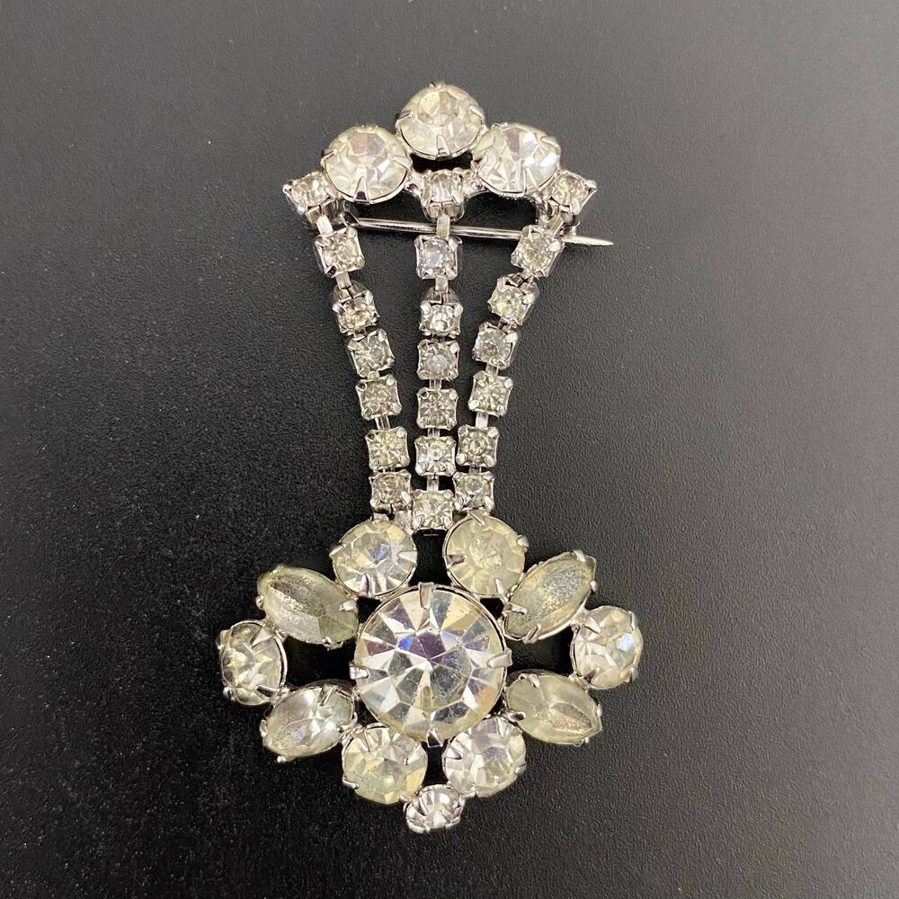 Vintage Rhinestone Dangle Brooch | Clear Crystal Waterfall Drop Pin 50s 60s